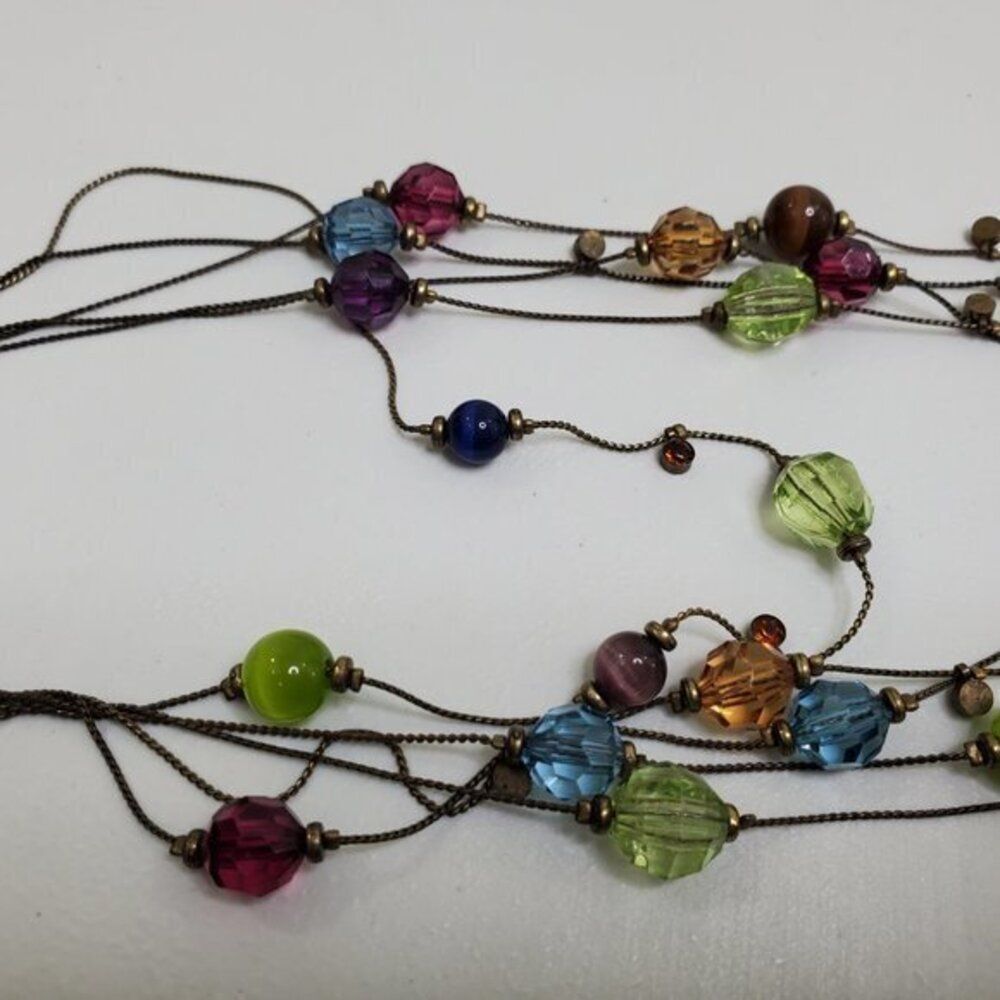 Rainbow Beaded Necklace Tigers Eye Multi Strand Go - Picture 4 of 7